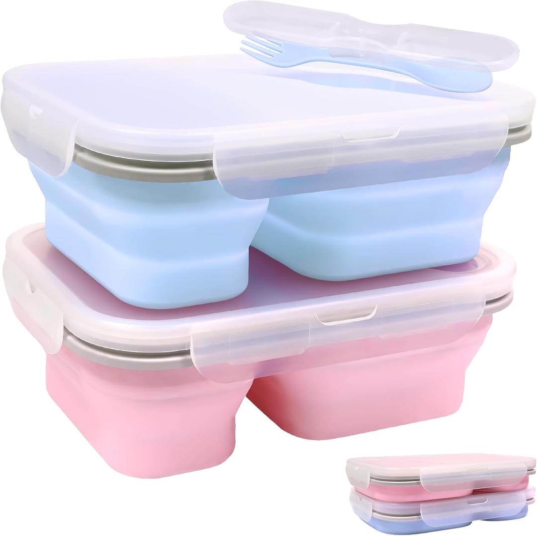 2 Pack Collapsible Silicone Bento Lunch Boxes With Lids,2 Compartments, Divided Lunch Food Storage Containers, 37.2 oz, Safe in Microwave, Dishwasher and Freezer, BPA Free (Pink and Blue)