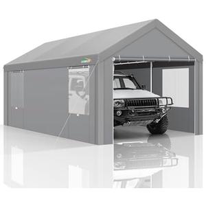 COBIZI Carports 10x20 Heavy Duty Car Canopy Garage with Roll-Up Ventilation Windows & Doors, Removable Sidewalls Portable Carport Canopy Waterproof with Built-in Sandbags for Cars, Boats, Trucks, Gray