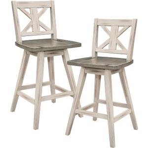 Lexicon Counter Height Stools Set of 2-Solid Wood Frame 360 Swivel Wooden Stools, Foot Rest, X Back, Wide Seat, Distressed Farmhouse Easy to Clean Finish, 24" SH, Antique White/Grey