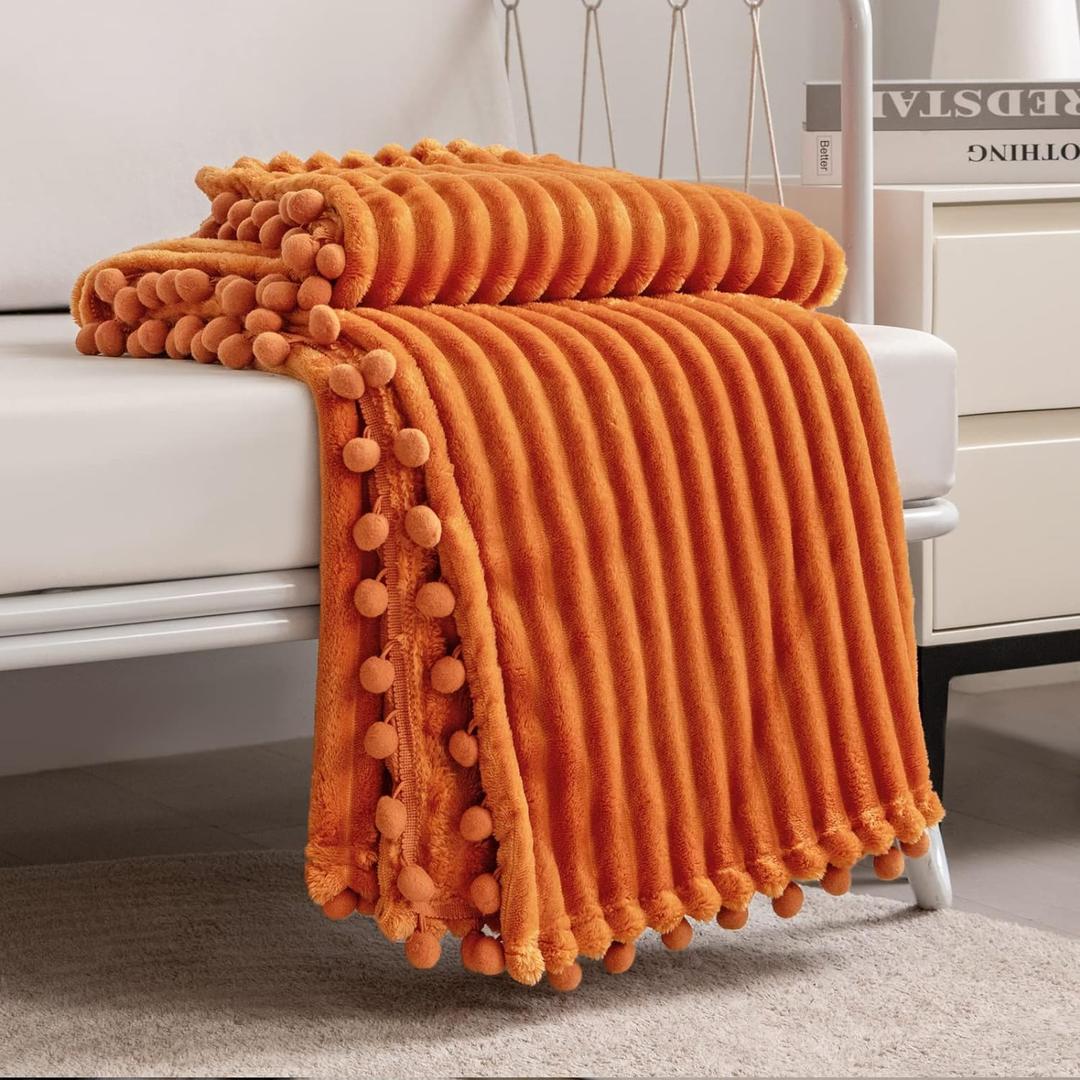 DISSA Fleece Blanket Twin Size 60x80, Orange Soft, Plush, Fluffy, Fuzzy, Warm, Cozy Perfect Throw for Couch, Bed, Sofa - with Pompom Fringe - Flannel Blanket Throw Blanket