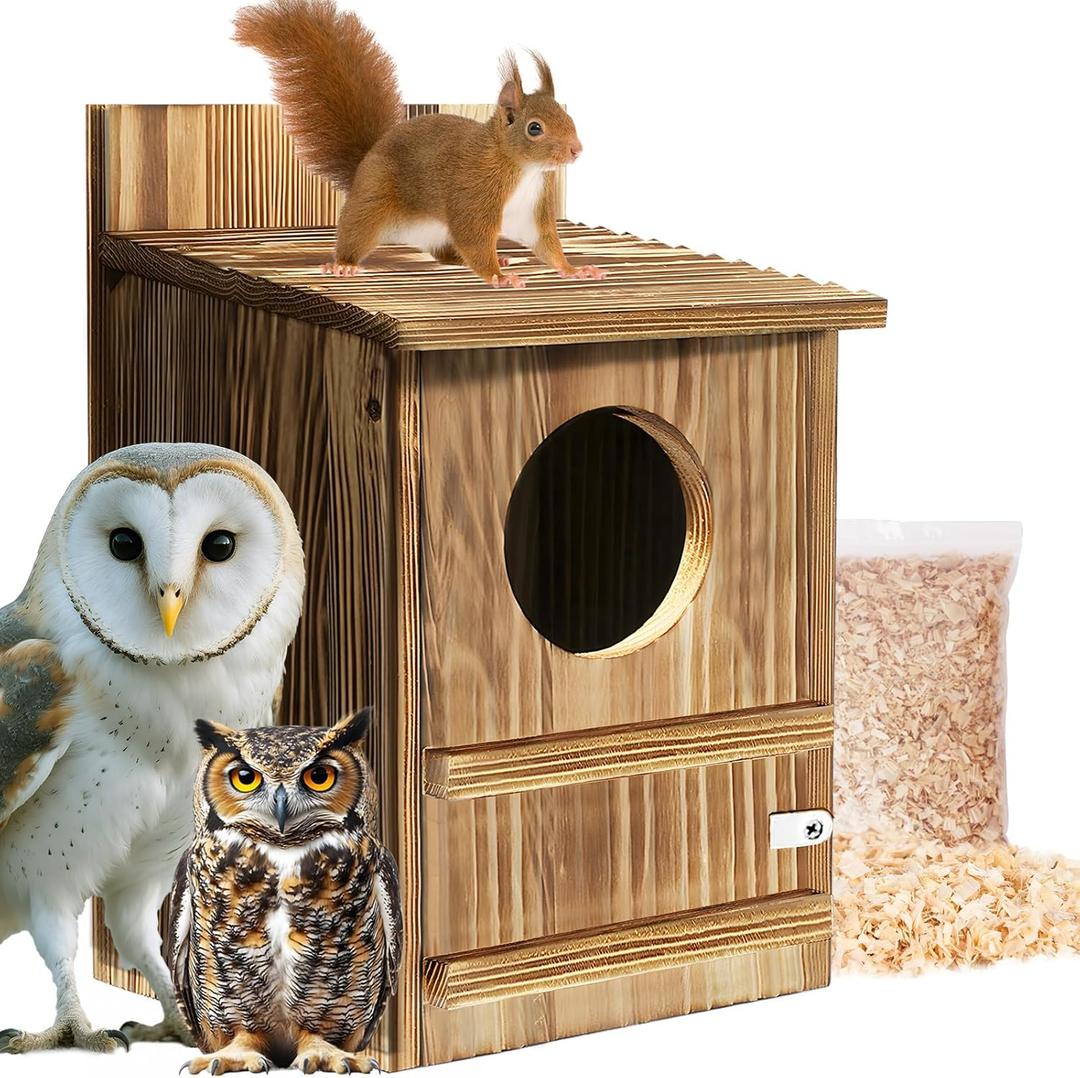 Squirrel Houses Owl House Bird Houses for Outside, Owl Box Birdhouses for Outdoors, Wooden Bird Nesting Boxes with Shavings for Wildlife Lovers, Easy Assembly Required, Brown