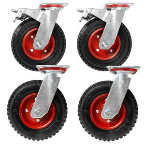 8 Inch Heavy Duty Swivel Knobby Casters Set of 4, 7-7/8"Diameter, PU Knobby Tread Heavy Duty Wheels, Swiveling Bases, Two Casters with Brakes, Two Without, Stainless & Red