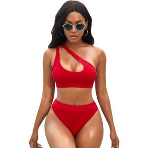 NAFLEAP One Shoulder Cutout Bikini Set for Women High Waisted Bottom Swimsuit Two Piece Bathing Suit (Large, 1-red)