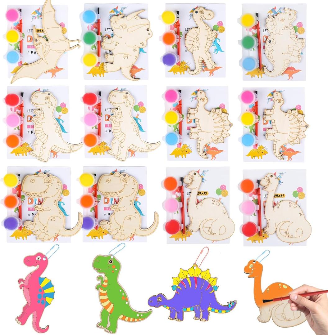 Dinosaur Party Favors for Kids 12 Pack Dino Painting Kits Wooden Keychains Arts and Crafts for Kids, Birthday Party Rerturn Gifts Goodie Bag Filler Pinata Stuffers Activities Toy Classroom Prizes
