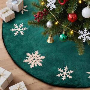 Lanpn Christmas Tree Skirt 30 inch, Velet Xmas Tree Skirt with Embroidery Snowflake Winter Christmas Tree Mat for Artificial Trees Winter Home Party Holiday Indoor Xmas Decor (Green, 75cm)