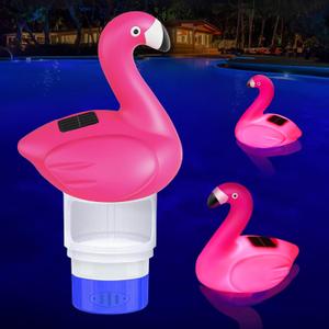 Pool Chlorines Floater, 9 in Flamingo Chlorine Floater w/Light, Solar Chlorine Floater w/Adjustable Flow, Large Capacity Chlorine Tablet Floater, Floating Chlorines Dispenser for Pool Hot Tub