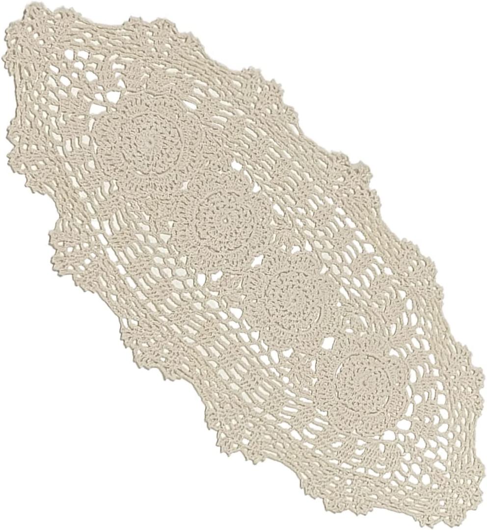 Phantomon Oval Lace Table Runner Doilies Floral Table Scarf Furniture Cloth Cover Handmade Crochet Placemats, 100% Cotton (Beige Oval, 12x24 Inch)