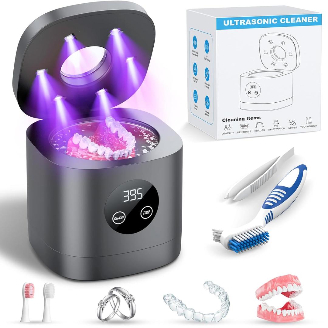 TEBAL Ultrasonic Retainer Cleaner Machine, 52kHz Ultrasonic Denture Cleaner for Night Guards, Braces, Toothbrush Heads, Jewelry and More, Ultrasonic Cleaner for Retainers with 250ML, Black-Grey