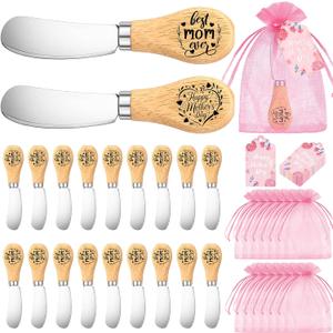 Chumia 20 Sets Mother's Day Party Favors Bulk Gifts for Mother Mom Stainless Steel Butter Knife with Wood Handle with Card Organza Bag Thank You Mom Birthday Xmas Party Supplies Gifts