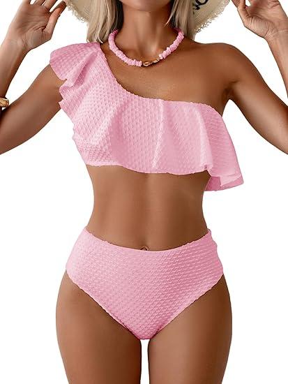 Aidonger Women's High Waisted Bikini Sets One Shoulder Ruffle Two Piece Swimsuit Tummy Control Bathing Suit Pink, Medium 