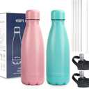 Insulated Water Bottle, 2 Pack-9oz Stainless Steel Water Bottles with straw lid, Metal Sports Water Bottles for Boys,Girls, Double Wall Vacuum BPA-Free Flask for School, Sports (Pink-Green)