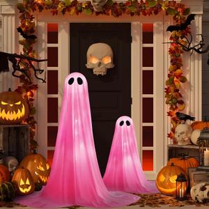 2 Pack Halloween Ghosts Outdoor Pink Spooky Ghost Decorations Outside 36'' & 18'' Tall White Light Timer Function Standing Scary Light Up Ghost Kit for Porch, Courtyard, Party, Haunted Houses (Pink)