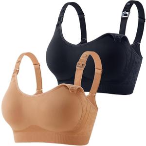 HOFISH Nursing Bra for Breastfeeding with Fixed Pad, TwinClips Wearable Pump Bra, Adjustable Comfort Maternity Bra for Pregnancy, Darkblue+Brown, XL (XL)