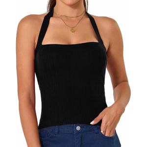 Betu Women Tank Top Ribbed Knit Sleeveless Fitted Crop Shirts (Large, Tie Halter-black)