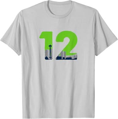 12 Seattle Sports Fan Skyline T-Shirt T-Shirt, XL,  Silver Grey