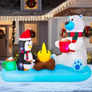9FT Long Christmas Inflatables Decorations, Outdoor Penguin & Polar Bear Campfire Giant Blow Up with Built-in LED Lights for Yard Garden Lawn Holiday Decor