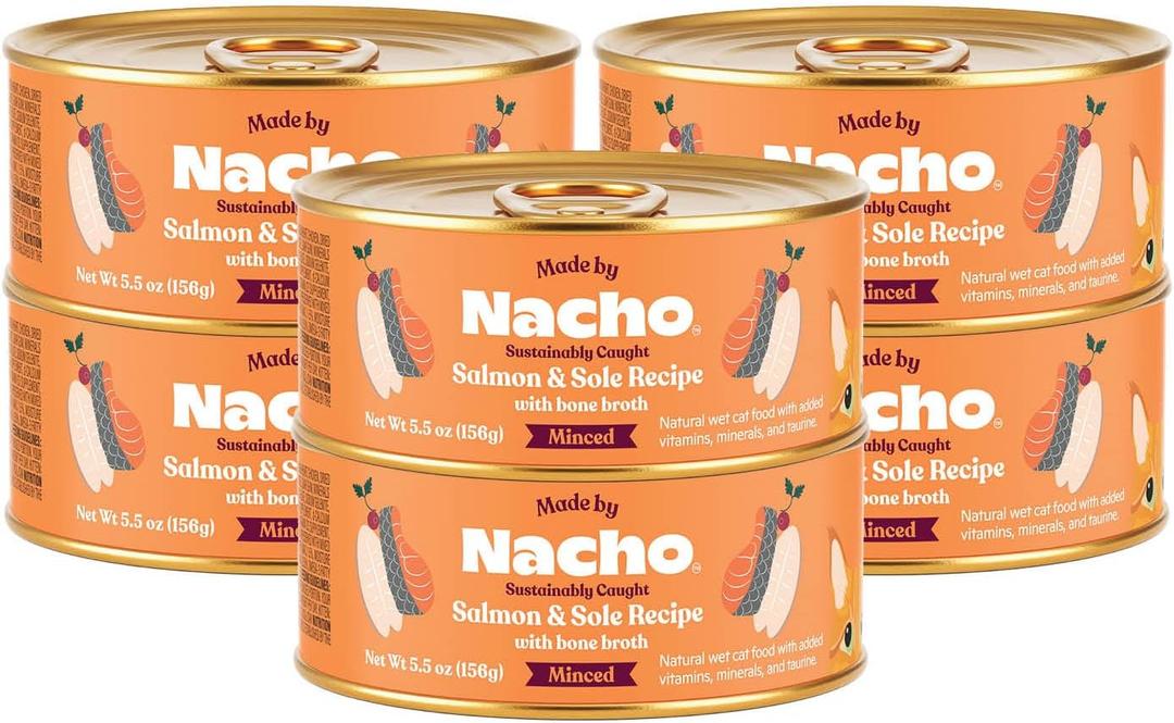 Made by Nacho Sustainably Caught Salmon & Sole Recipe with Bone Broth Minced Wet Cat Food, 5.5-oz can, Case of 6