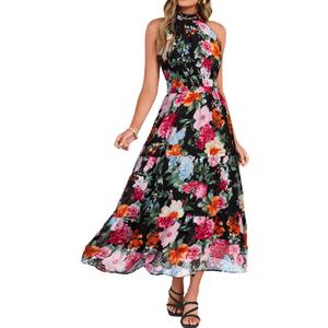 Simplee Womens Summer Halter Wedding Guest Dress Maxi Floral Vacation Boho Sundresses Flowy Formal Long Travel Dresses 2026 (Black, L)