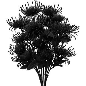 6PCS Black Artificial Fake Mums Halloween Fall Faux Pincushion Flower Spider Mum Flower for Holiday Table Centerpiece Home Party Decoration