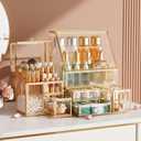 Clear Makeup Organizer with Gold Frame  Countertop Vanity Organizer for Skincare, Lipsticks, Perfume & Brushes  Bathroom Cosmetic Storage Display Box (Glear)