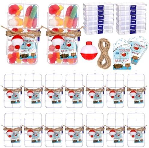 Wonderjune 24 Sets Fishing Party Favors Candy Little Tackle Boxes with Red White Floater Thank You Cards for Making My Reel Fun Fishing Theme Party Decorations