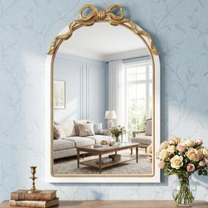 PERHOM 36"x24" Arched Decor Mirror, White Frame with Top Gold Bow