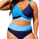Plus Size Two Piece Swimsuit - Women High Waisted Bikini Set Tummy Control Bathing Suits (Blue), Size: 12 Plus