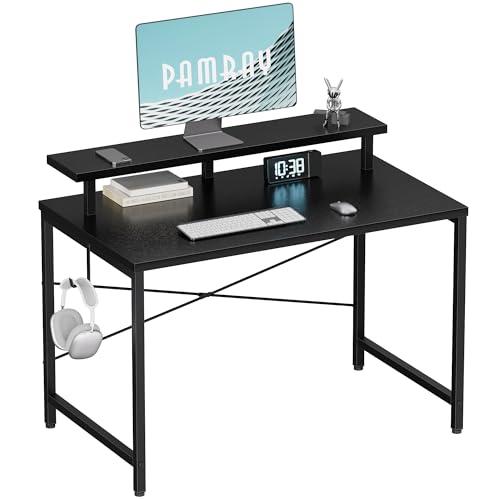 Pamray 32 Inch Small Computer Desk with Monitor Stand, Simple Office Desk with Headphone Hook for Small Spaces, Kids Study Writing Table for Bedroom, Black
