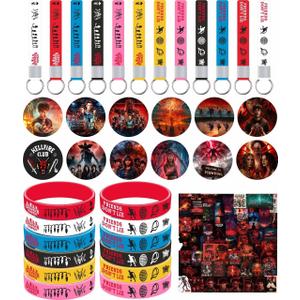Stranger Birthday Party Supplies, 86pcs Birthday Party Decorations Set Included 12 Bracelets, 12 Acrylic Pins, 12 Keychains, 50 Stickers, for Boys and Girls Cartoon Theme Party