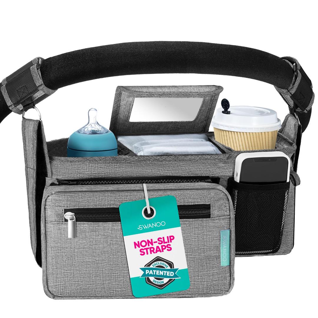 Swanoo Stroller Caddy Stroller Organizer With Cup Holder, Non Slip Straps Stroller Bag for Phone, Pet Stroller Accessories, Universal Fits Uppababby Vista v2 Wonderfold Wagon, Doona and More (Grey)