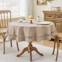 Farmhouse Round Linen Textured Tablecloth Lattice Cutwork Waterproof & Stain Resistant Table Cloth Wrinkle Free Round Table Cover for Dining Room and Outdoor Party, 55 Inch Dia, Coffee