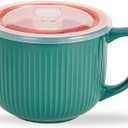 Ceramic Soup Bowl with Handle 32oz  Microwave Ramen Bowl with Lid, Soup Mugs & Cups for Cereal, Oatmeal, Ramen, Instant Noodle, Soup Container with Lid - (Green)