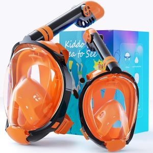 Greatever G2 Adults Kids Full Face Snorkel Mask 2 Pcs,Snorkeling Gear with Latest Dry Top System,Foldable 180 Degree Panoramic View,Safe Breathing,Anti-Leak&Anti-Fog Snorkeling Mask with Camera Mount (XL/L+XS, Orange)