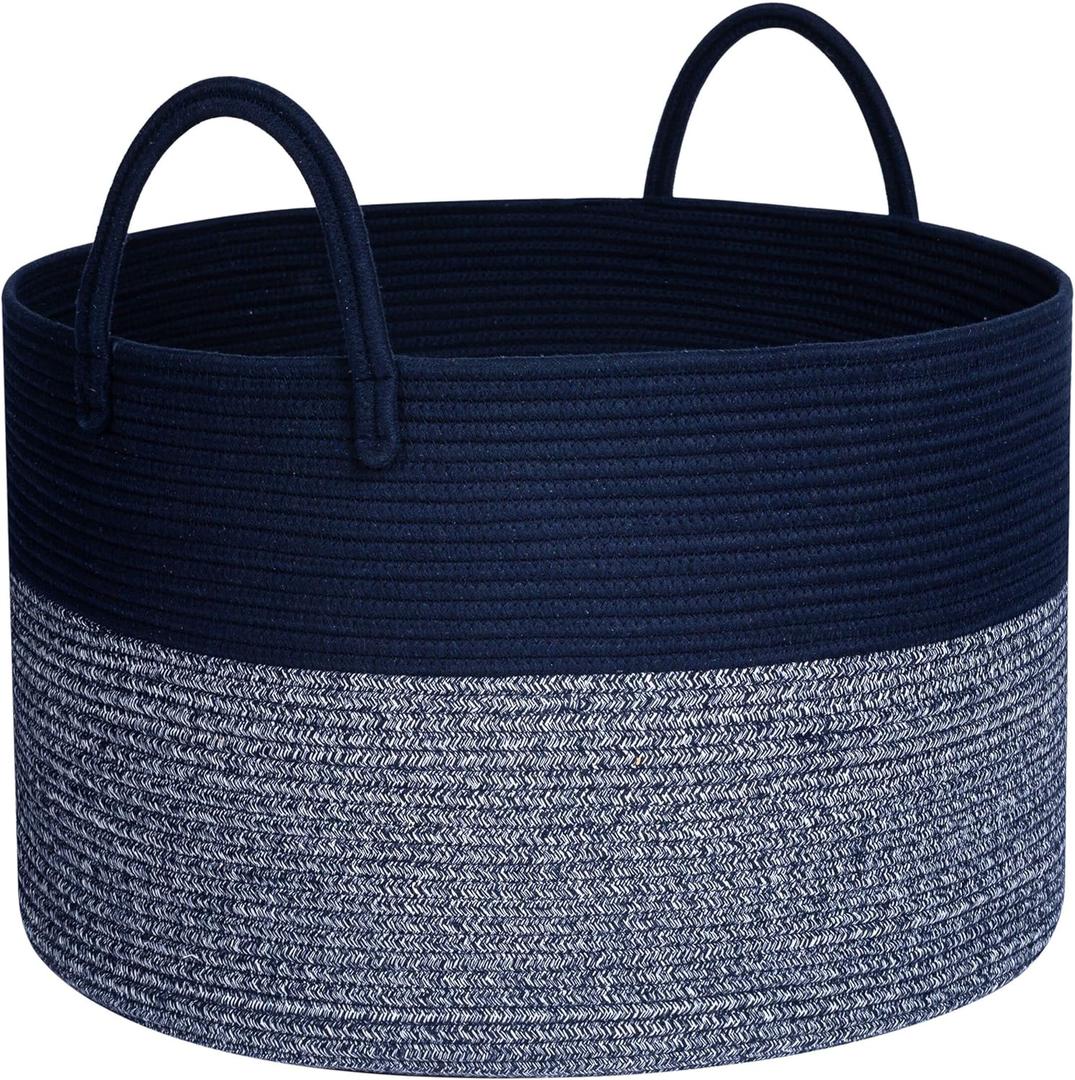 MINTWOOD Design Extra Large 22 x 14in Decorative Woven Cotton Rope Blanket Storage Basket Bin Living Room with Long Handles, Laundry Hamper for Pillows, Pool Towels, Dog Toys, Shoes, Navy Blue