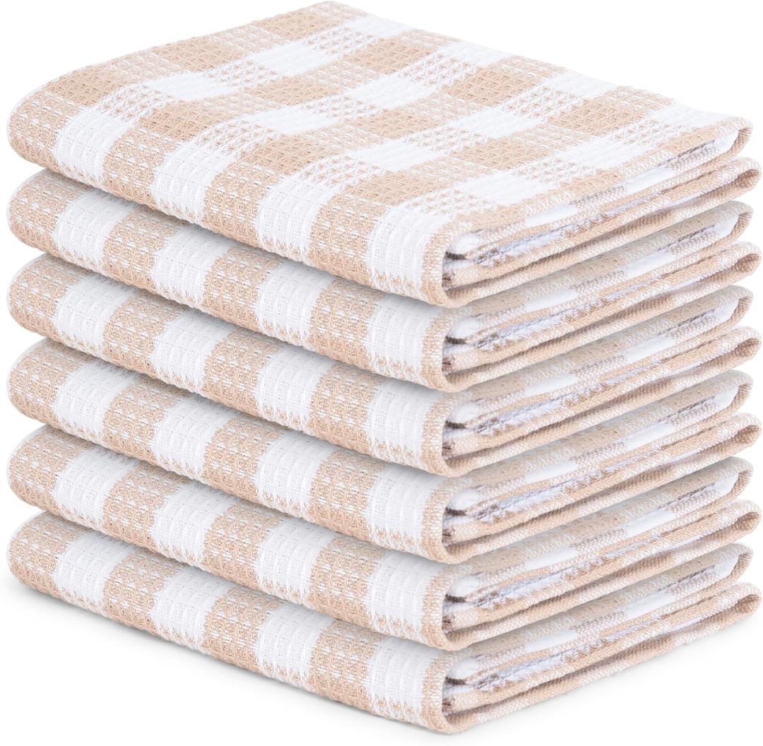 Blue Needles Waffle Weave Check Plaid Kitchen Towels, 15x25 Inches 100% Cotton Set of 6 Dish Towels for Kitchen, Ultra Soft & Absorbent for Quick Drying with Hanging Loop Spring Summer - Beige & White