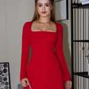 DAAWENXI Women's Casual Square Neck Mini Dress Long Sleeve A line Party Club Short Dress (Red, XL)