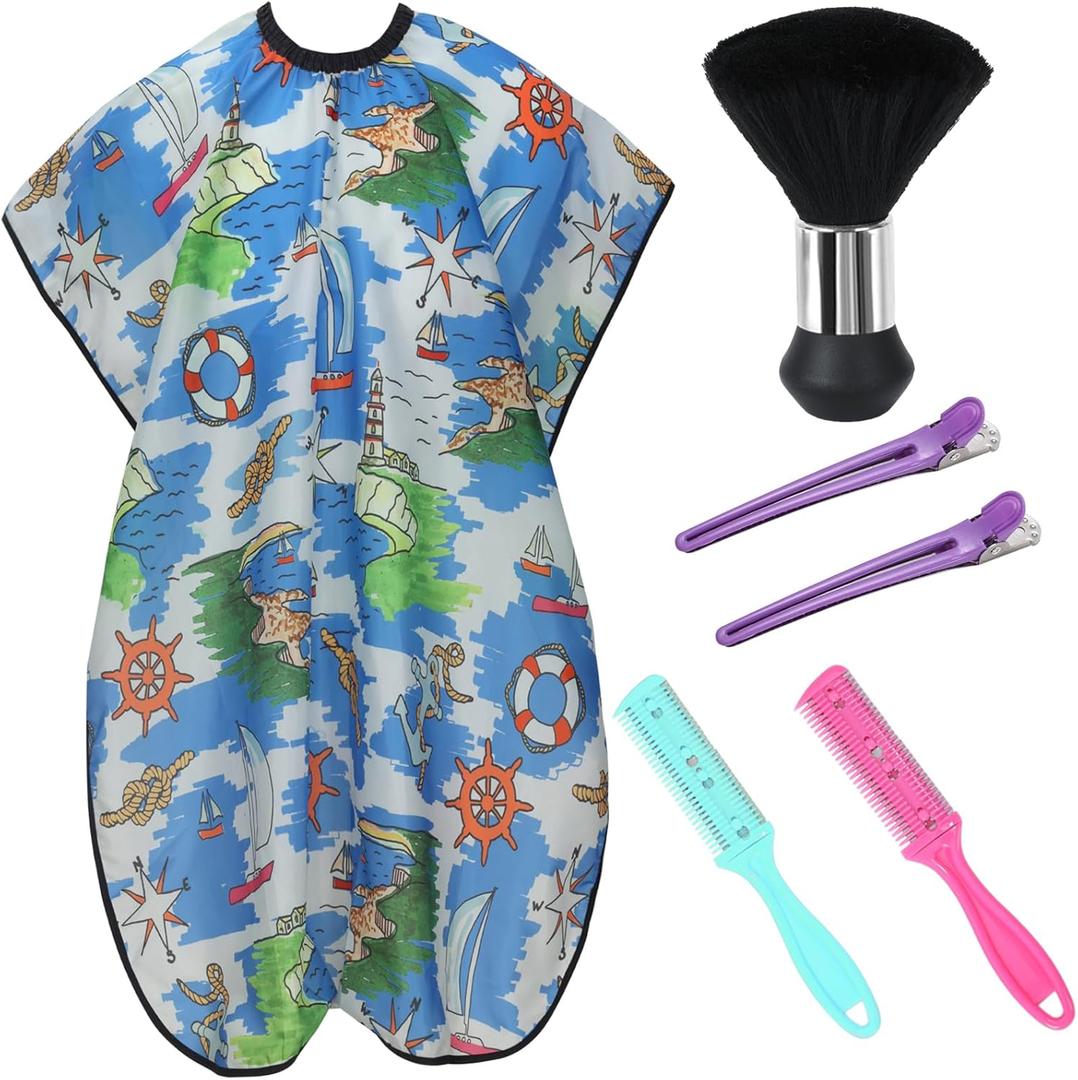 Cobahom Kids Hair Cutting Cape 47.3"31.5'' Professional Barber Cape Child Cartoon Hairdresser Apron with Adjustable Closure, Clips, Double Edge Razor,Neck Duster Brush (Voyage)