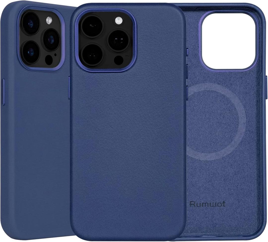 Genuine Leather Case for iPhone 15 Pro - Full Grain Leather Phone Case with MagSafe and Wireless Charging - Metal Buttons Camera Bezel - Slim Fit - Drop and Scratch Resistant - Navy Blue