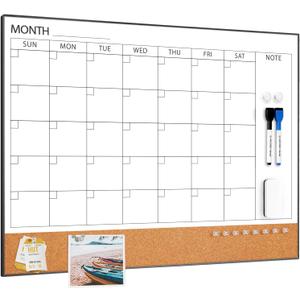 ARCOBIS Dry Erase Calendar with Cork Board for Wall, 24"x 18" Magnetic Calendar Whiteboard with Black Frame, Monthly Combination Board for School, Home, Office