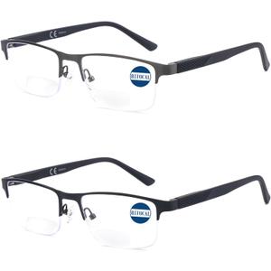 Missfive 2 Pack Mens Bifocal Reading Glasses, Blue Light Blocking Far Near Dual-use Readers, Durable Spring Hinge Quality Metal Frame Eyeglasses 1.5x, Black & Gunmetal