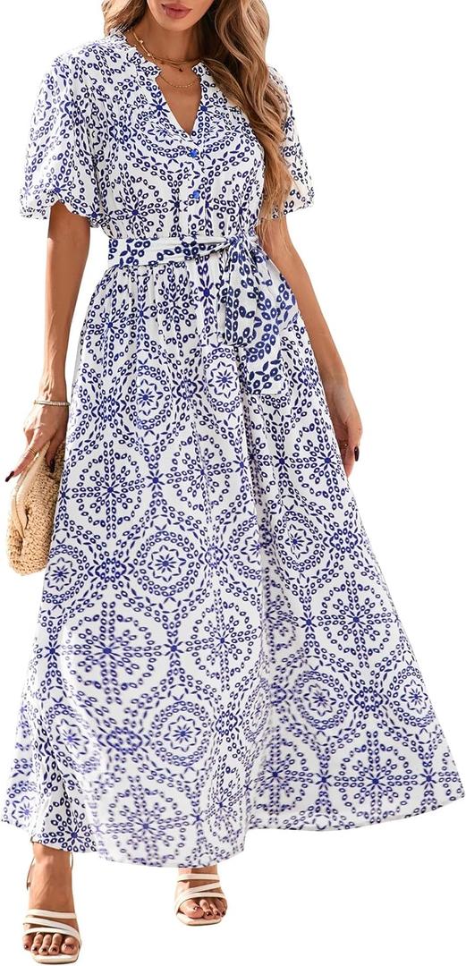 KIRUNDO Women Puff Sleeve Boho Floral Maxi Dress 2025 Spring Summer Button Shirt V Neck Flowy Belted Beach Vacation Dresses (Small, Blue)