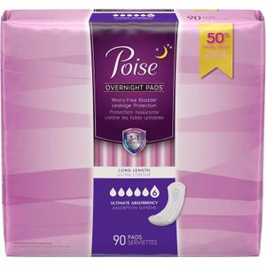 Poise Incontinence Overnight Pads, Ultimate Absorbency, Long, 90 Count