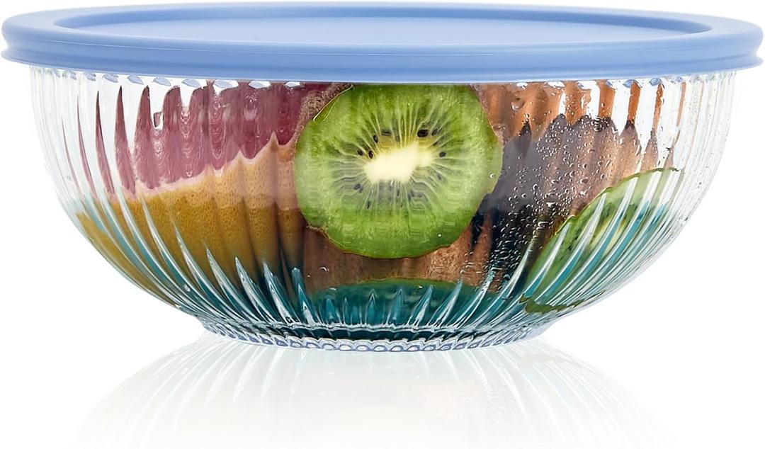 Glass Mixing Bowl with Lid, High Brosilicate Glass Salad Bowl (2.1QT), Ribbed Serving Bowls for Meal Prep, storage, Serving, Microwave Dishwasher Safe