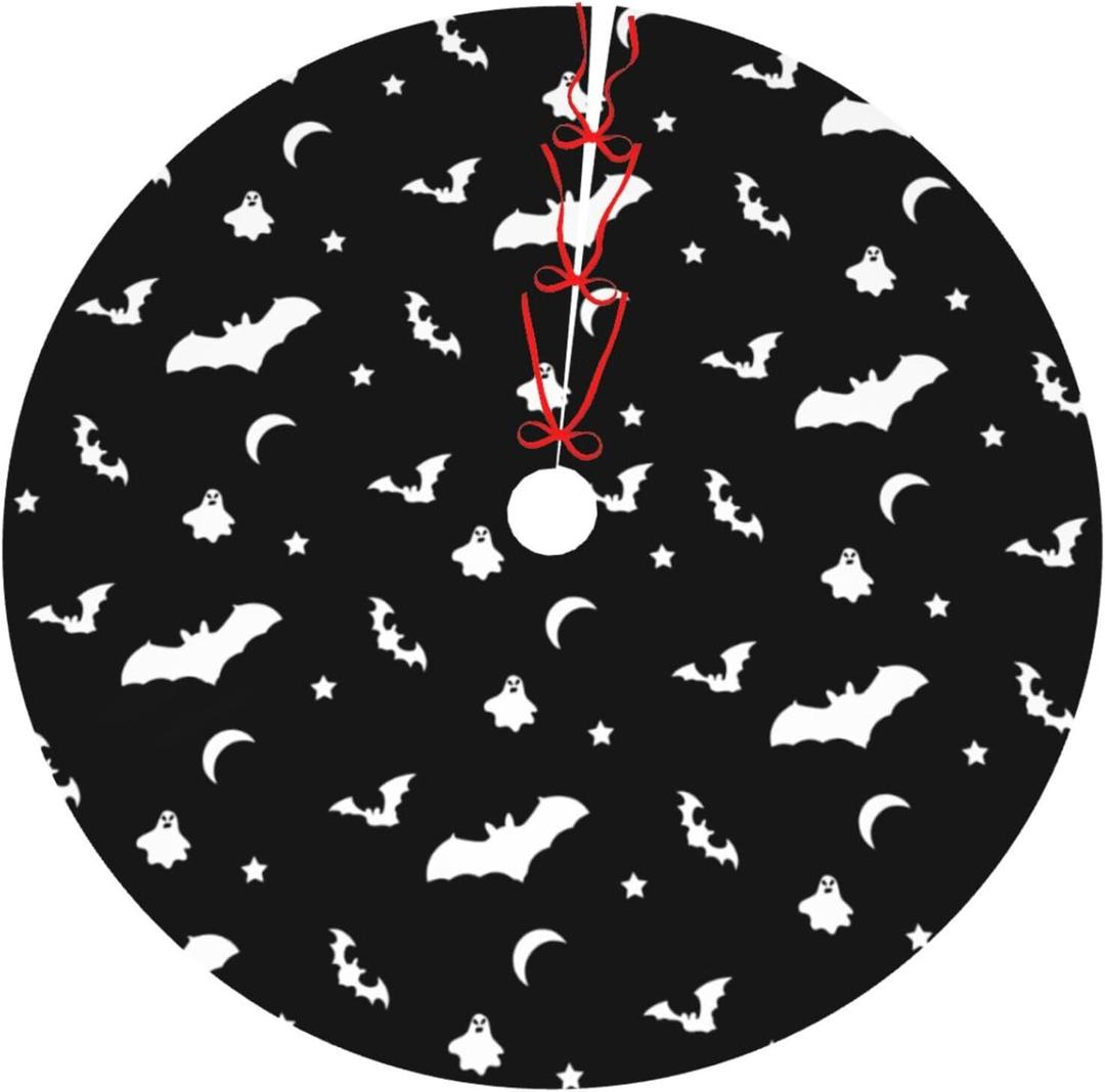 WUWOLI Halloween Goth Bats and Moon Christmas Tree Skirt, Thickened Apron, Xmas Tree Skirts Mat for Home Farmhouse Party Holiday Decor