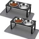 2Pack Elevated Cat Bowls with Food Mat,15Tilted Stand Anti Vomiting Raised Cat Dishes for Food and Water,2 Stainless Steel Bowls for Cats and Puppy,Black