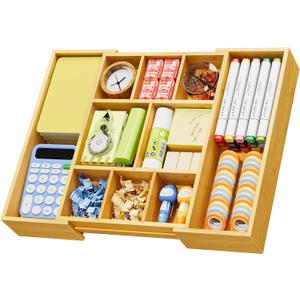 Marbrasse Bamboo Expandable Drawer Organizer, Desk Drawer Organizer Tray with 5 Dividers, Desk Organizers and Accessories, 10 Adjustable Compartments for Office Supplies, Junk, Makeup & Vanity