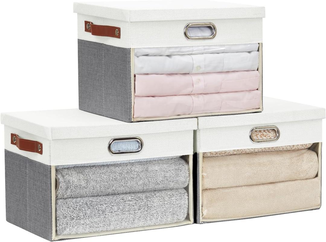 Fabric Clear Window Storage Bins with Lid, Closet Storage Box Linen Closet Baskets with 3 Handles for Organizing Clothing, Jeans, Shelves 15''- 3 Pack (Gray and White)