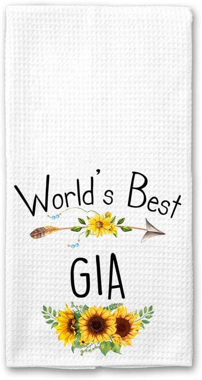 World's Best Gia Kitchen Towel, Floral Sunflower Kitchen Towel, Best Gia Ever, Gift Mothers Day Birthday Christmas Thanksgiving for Gia, Soft and Absorbent Kitchen Tea Towel