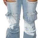 Vakkest Women's Rhinestone Cargo Jeans High Waisted Ripped Distressed Wide Leg Stretchy Denim Pants with Flap Pockets (Large, Blue)