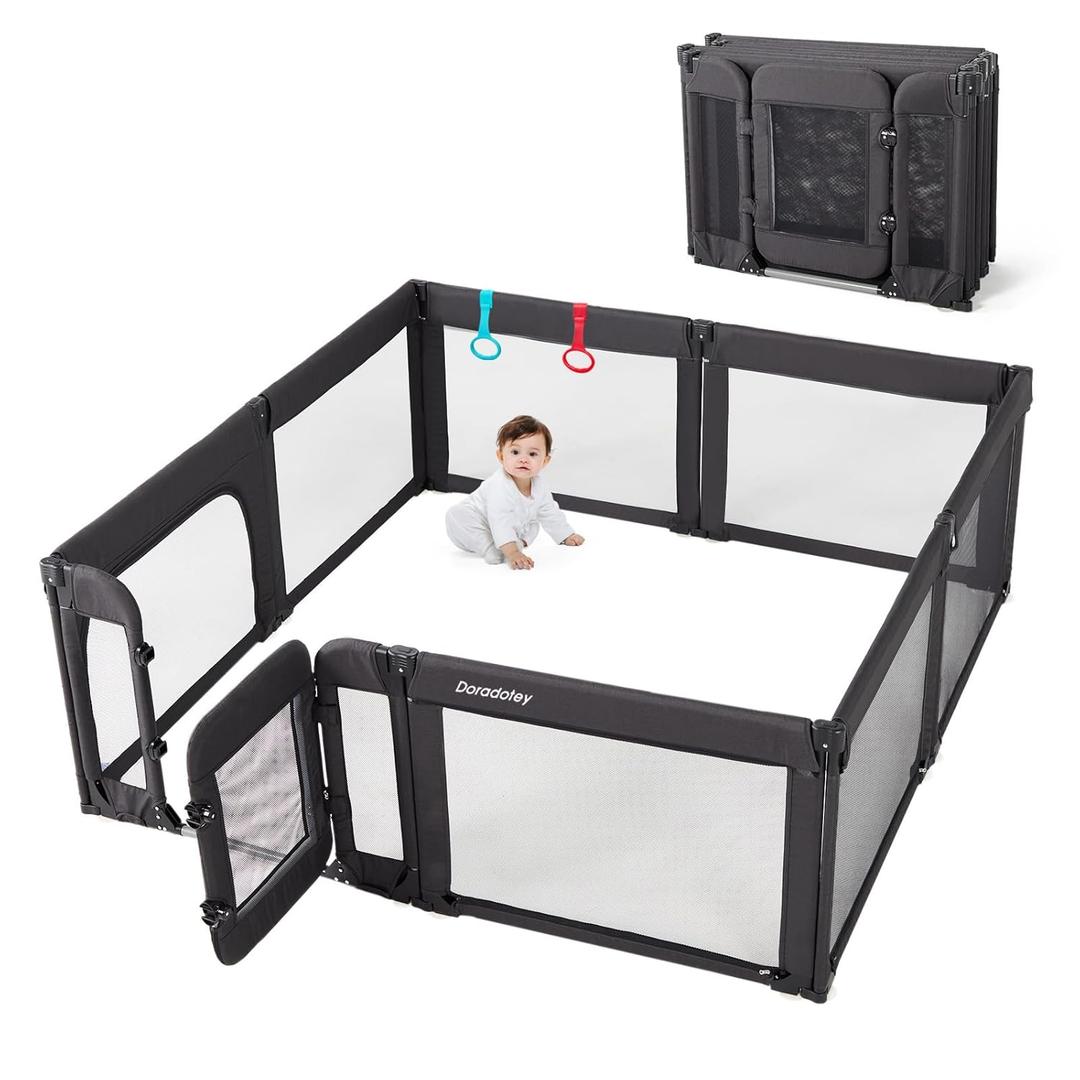 Baby Playpen with Door, Foldable Adjustable Play Pen for Babies and Toddlers,Heavy-Duty Play Yard Fence Play Area, Large Toddler Playpen, Black (79x71x27 in)
